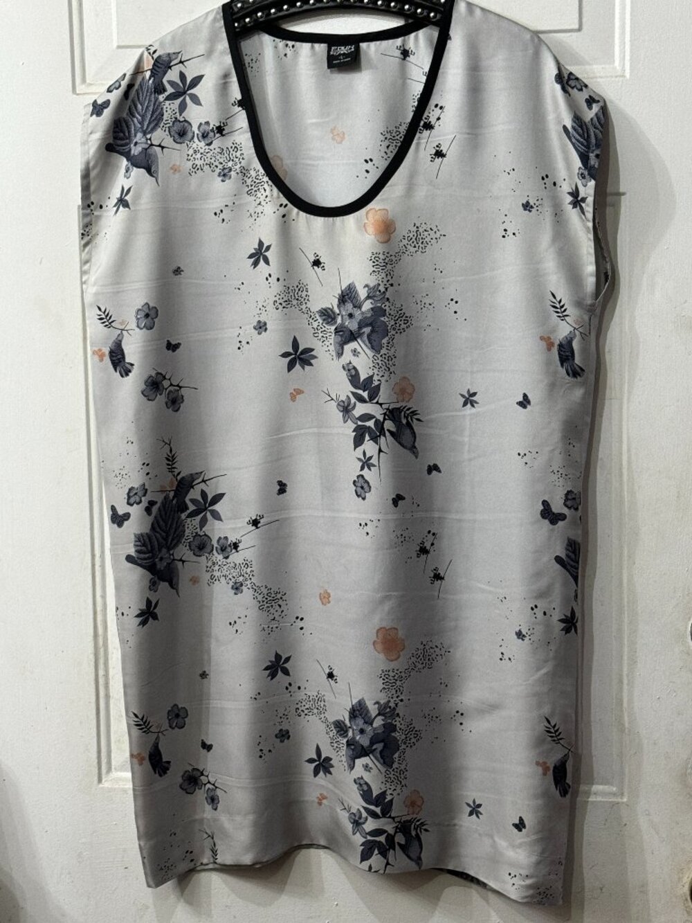 EDUN Silk Mini Dress Tuni Sleeveless Sz L Gray Floral/Birds/Butterflies